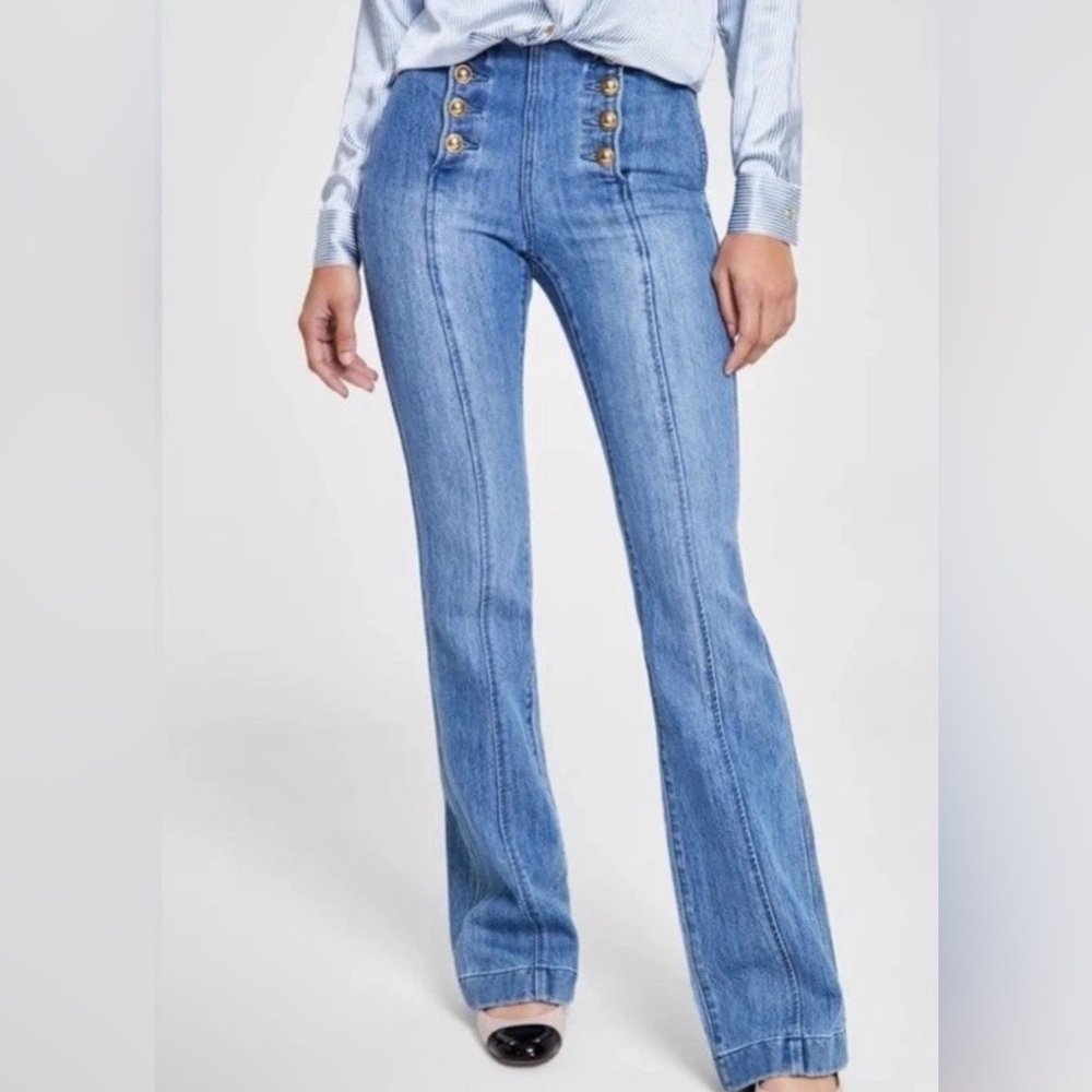 MICHAEL KORS Double Button Sailor Flared Jeans Blue Womens Petite 12P NWT